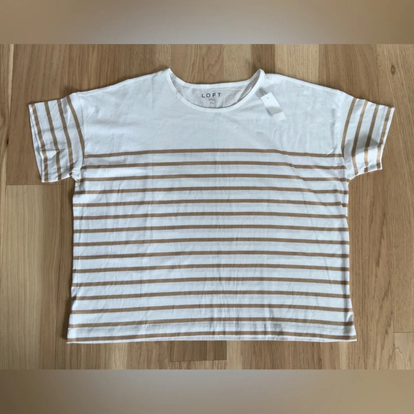 Loft New Casual Basic White Tan Striped Round Neckline Boxy Tee Size XL Relaxed - Picture 2 of 9
